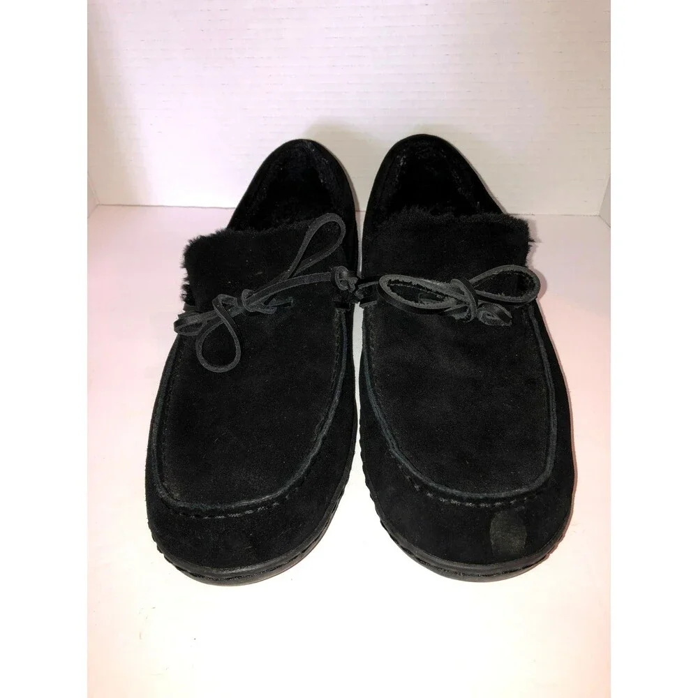 Vionic Adler Mens Size 13 Black Suede Faux Fur Lined Moccasin Slippers Shoes